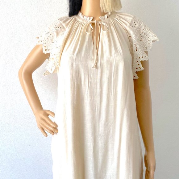 Boho Chic Shift Dress | Eyelet Lace Flutter Sleeve Dress | Cream Ivory Dress XS - Picture 2 of 10